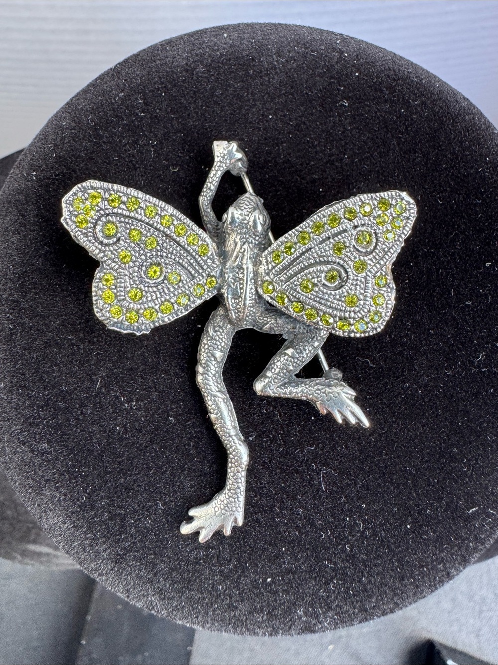 Silver Frog Fairy Brooch with Lime-Green Crystal Wings